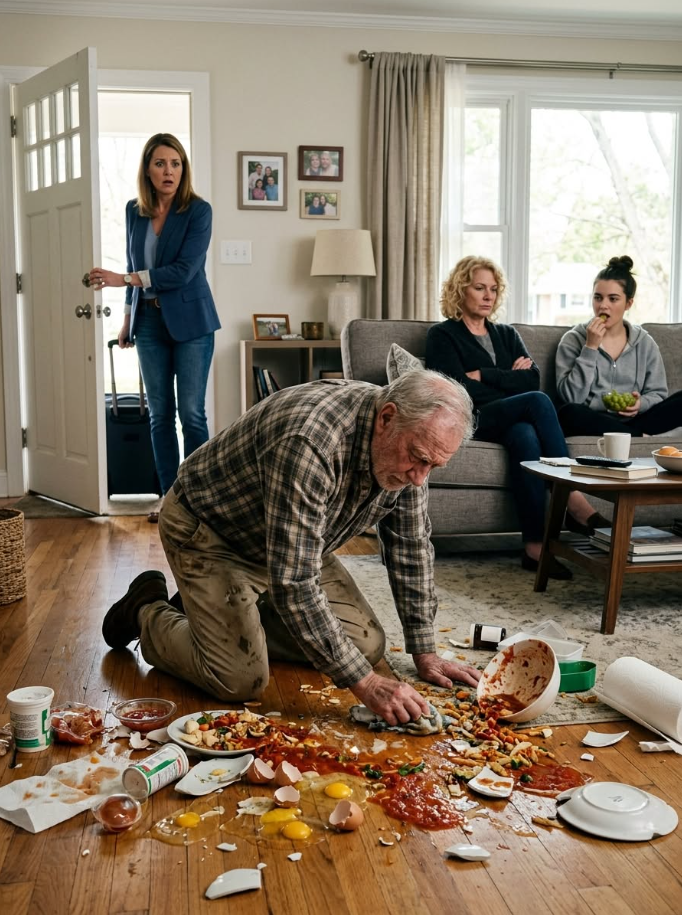 A wife returned early from a business trip and found her father kneeling on the floor cleaning, while her mother-in-law mocked him: “This house smells like the countryside.”