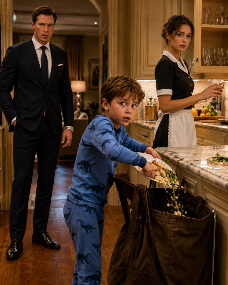 The millionaire saw his little boy slipping dinner into the cleaning lady’s bag, but the truth behind that brown tote shattered the whole house