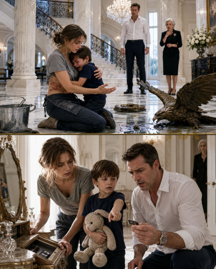 When a Broke Cleaning Girl Knelt Before the Billionaire’s “Monster” Son and He Whispered “No,” the Blood on the Last Nanny’s Uniform Suddenly Made Sense, Because the Mansion’s Most Trusted Woman Had Been Guarding One Locked Door, One Dead Mother’s Warning, and a Secret Powerful Men Were Terrified a Child Would Remember Before His Father Finally Learned That Silence Was Never Obedience, Only Survival