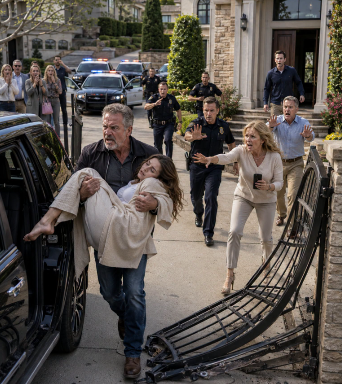 My daughter called at 3 A.M., her voice shaking through the phone: “Dad, Please Come Get Me.” When I arrived at her in-laws’ house, the mother-in-law blocked the door and said, “She's Not Leaving,” like my child was property they could keep. Their $20,000 gate stood between me and the worst fear of my life. I forced my way in, heart pounding, and found my daughter unresponsive, with marks on her arms. I stayed silent, terrified but not weak, carried my daughter to the car, and drove straight to the hospital. Behind me were 4 police cars.