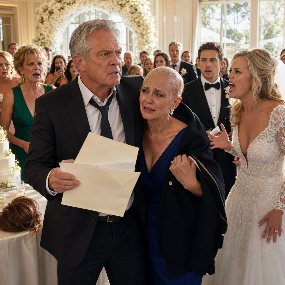 At my son’s wedding, my daughter-in-law exposed my wife’s treatment marks by ripping off her wig while several guests laughed. I walked onto the stage, put my jacket over my wife, and opened the wedding envelope. When she looked at the documents hidden inside, her smile suddenly...