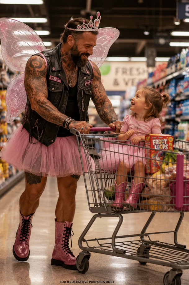 "People laughed when a 6-foot-6 biker walked into Walmart wearing a plastic princess crown, glitter fairy wings, and bright pink boots painted by a three-year-old little girl.