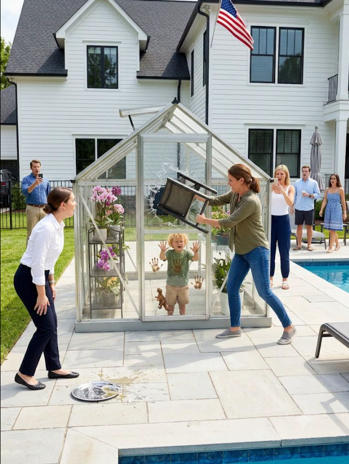 I only needed my wealthy sister-in-law to watch my toddler for one hour while I attended a required military briefing. Instead of helping, she sneered and called my son a “f!lthy l!ttle rat.” My husband ignored the warning and left Ethan there anyway. When I reached her exclusive mansion pool party, I found my child sobbing inside a glass greenhouse baking beneath the blazing afternoon sun while wealthy guests drank champagne and treated his suffering like entertainment. I didn’t raise my voice. I simply crossed the crowded patio, lifted a steel chair, and sha/ttered the glass enclosure. As conversations stopped and every head turned toward me, I decided it was time to demonstrate exactly what years serving in an overseas conflict zone had taught me.