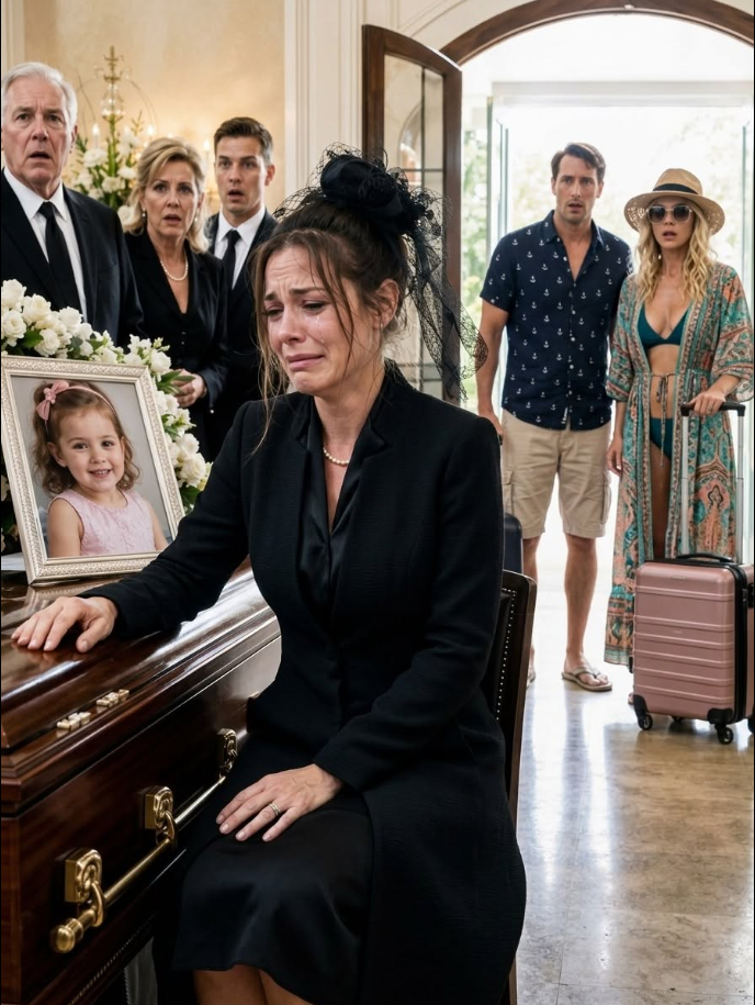 My sister ignored 127 calls while her eight-year-old daughter slipped away with her hand in mine. At Sofia’s funeral, Vanessa arrived sunburned beside my husband, both of them pulling matching suitcases.