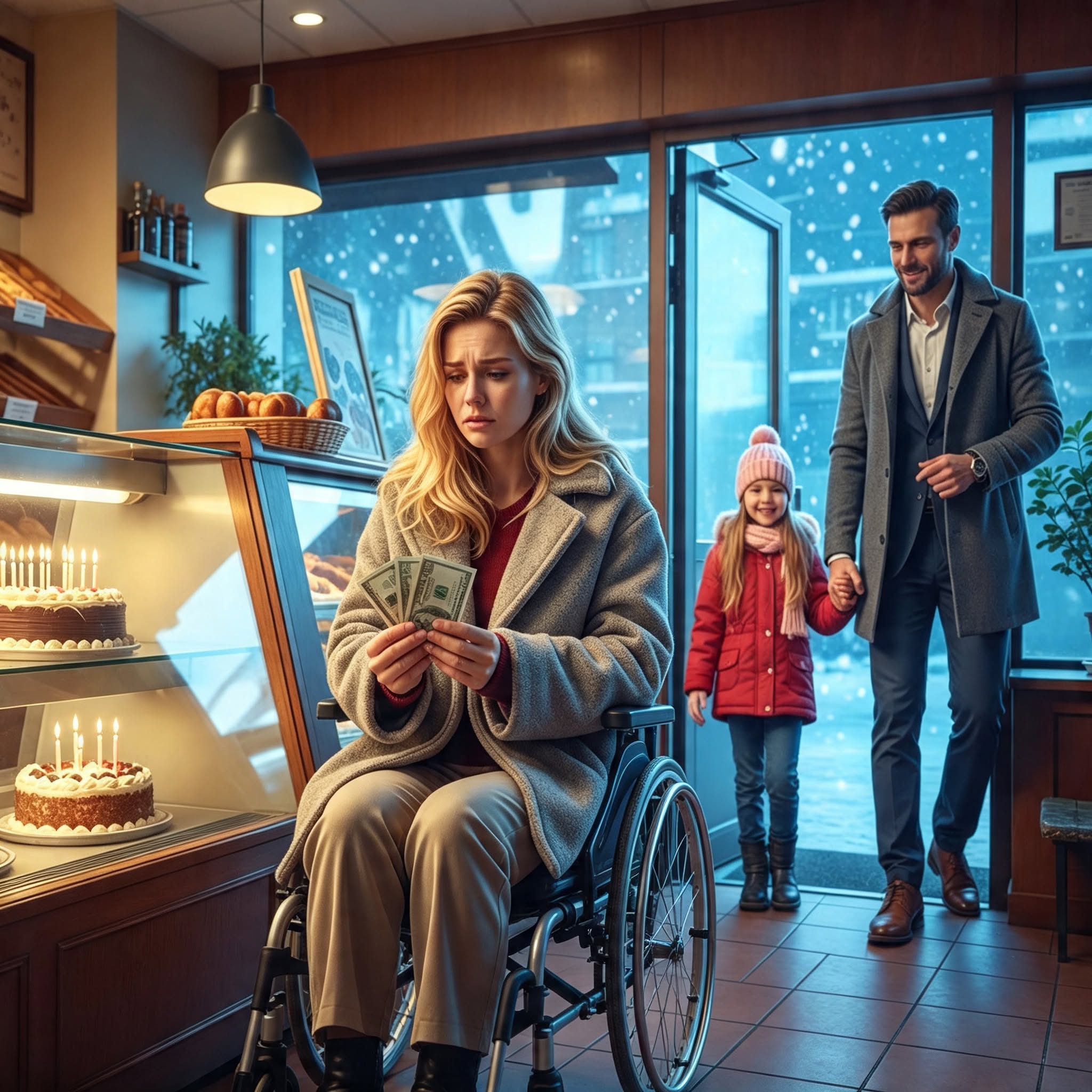 The Poor Paralyzed Pianist Had Only Three Dollars for Her Birthday Cake—Until a Widowed Single Father and His Little Girl Walked Into the Bakery and Gave Her a Family She Never Dared Hope For