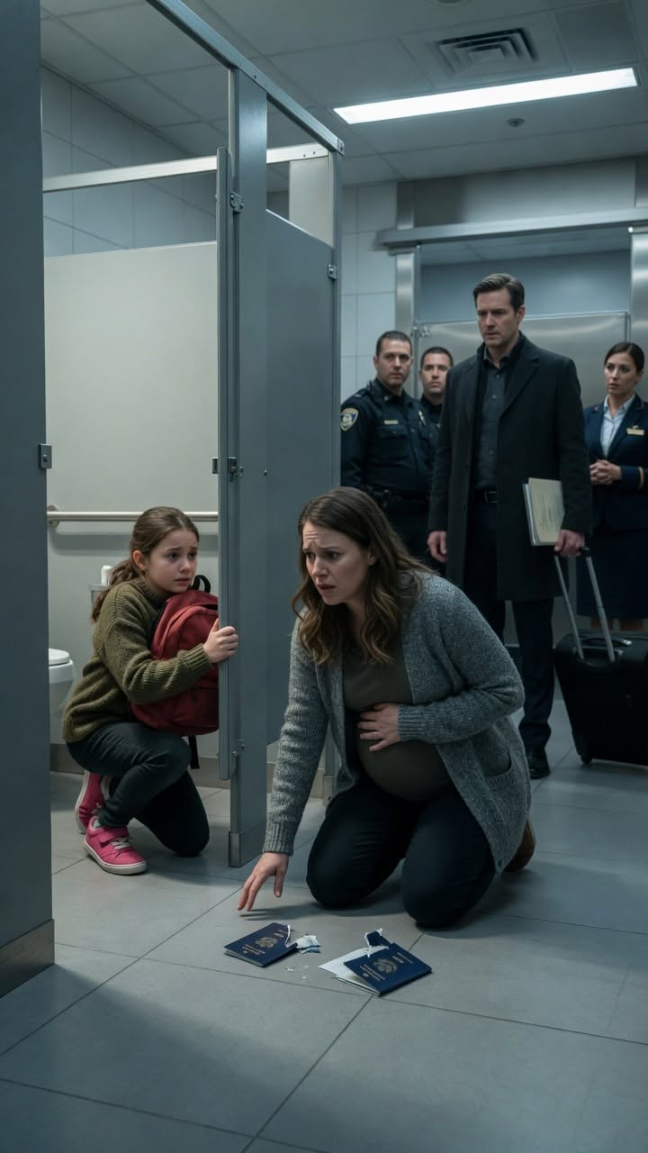 The final boarding announcement for Flight 218 had already begun when Emily Carter heard a child trying not to cry inside the last stall of the airport restroom.