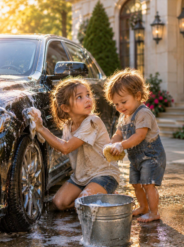 A BILLIONAIRE SEES POOR GIRL CARRYING HER SISTER WHILE CLEANING HIS CAR—HER PLEA BRINGS HIM TO TEARS