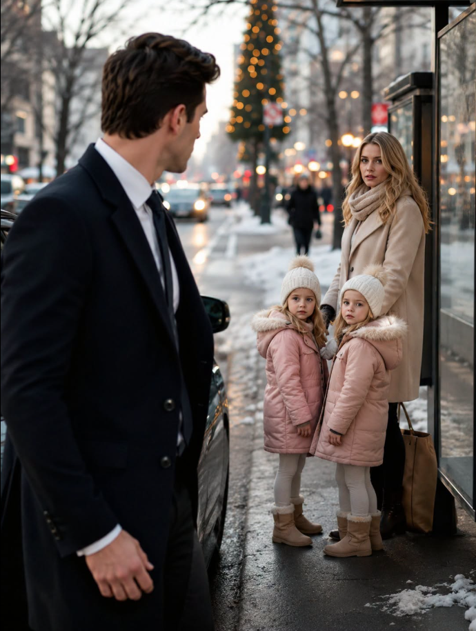 a billionaire was driving his glamorous fiancée to his family’s christmas lunch when he suddenly froze at a snowy bus stop — then he recognized the ex-girlfriend he had abandoned two years earlier holding twin girls in her arms.