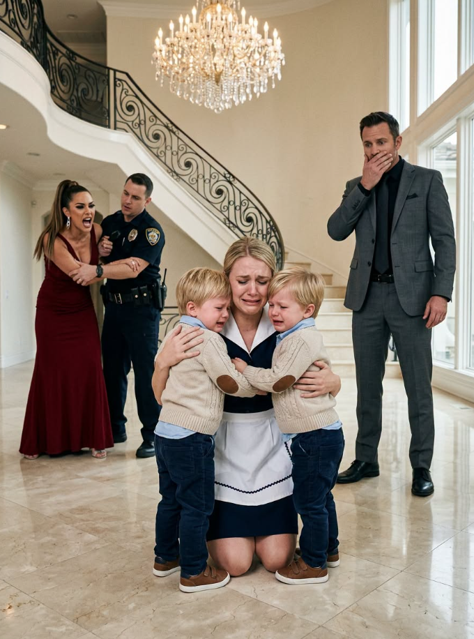 My 6-year-old twin boys screamed in panic when police officers placed h:andcuffs on their nanny. “She stole from this family,” my wife smirked coldly as the officers pulled the sobbing woman toward the front door. My sons were terrified—but not because of the police. Later that evening, after the mansion finally fell silent, I made them hot chocolate hoping to calm them down. But in the middle of the night, one of my twins grabbed my sleeve with shaking hands and whispered something that completely destroyed everything I believed about my life...