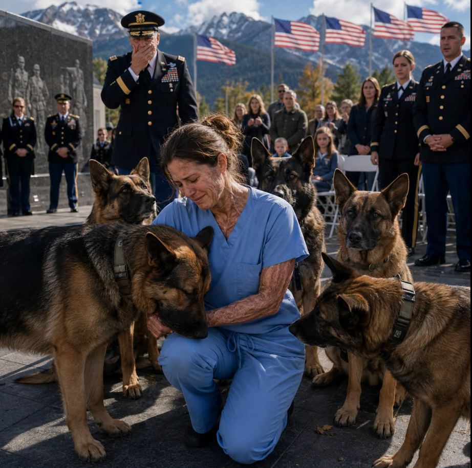 I Arrived Late to a Military Memorial Wearing Scrubs, and the Commander Ordered Security to Remove Me—But Before I Reached the Gate, Six Working Dogs Broke Formation, Surrounded Me, and Exposed the Secret He Had Buried Since the Night He Left Their Wounded Handlers to Die in a Burning Convoy