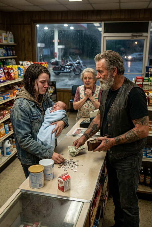I Was 85 Cents Short for My Baby’s Formula at a Storm-Soaked Gas Station—Then a 280-Pound Hells Angel Paid the Cashier, Dropped to One Knee, and Stared Down the Violent Man Who Tracked Me Across State Lines With Three Words That Changed Everything...