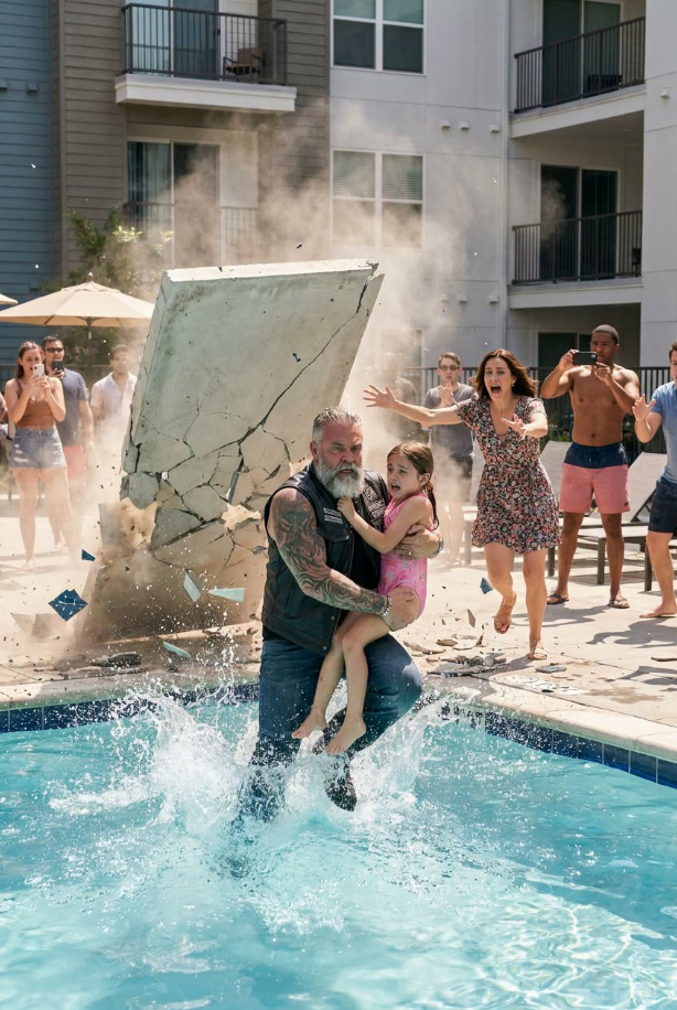 A BEARDED HARLEY BIKER SUDDENLY GRABBED A LITTLE GIRL PLAYING BY AN APARTMENT POOL AND JUMPED INTO THE WATER WITH HER