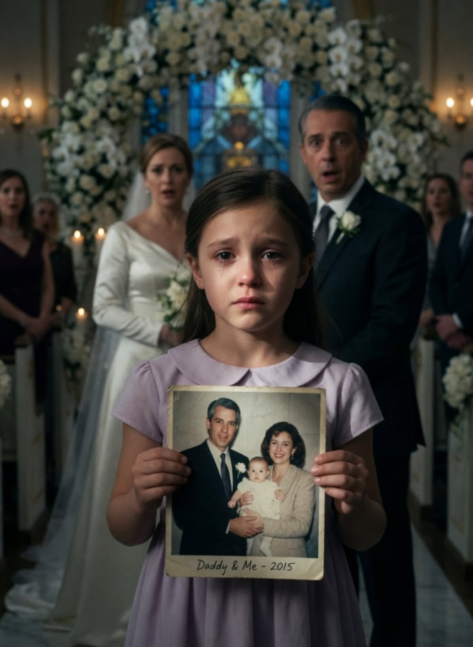 THE LITTLE GIRL WALKED TO THE ALTAR IN THE MIDDLE OF A BILLIONAIRE’S WEDDING, HELD UP AN OLD PHOTOGRAPH, AND WHISPERED THE ONE TRUTH THAT COULD DESTROY EVERYONE IN THE CHAPEL