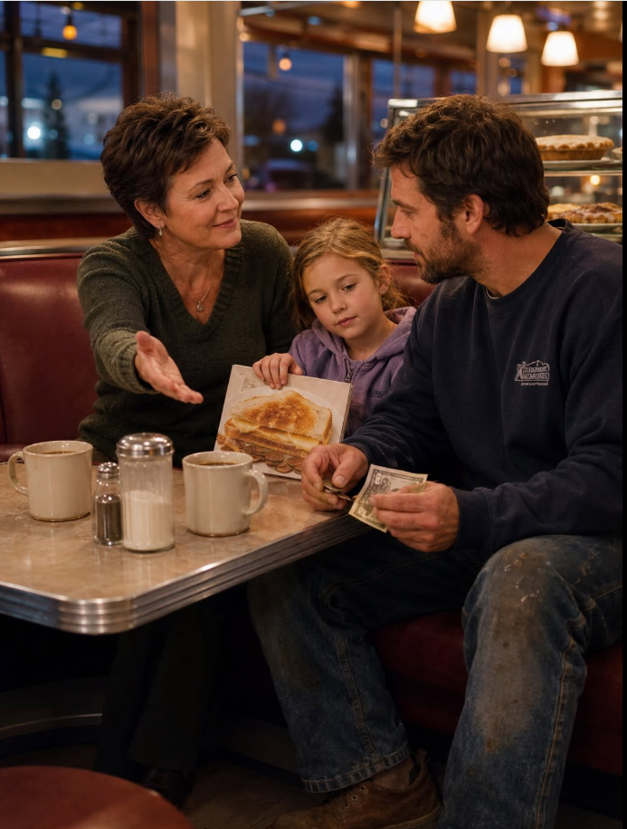 At a diner after a long week, I watched a single father count coins under the table while his eight-year-old daughter closed her menu and said she wasn’t hungry. She had spent five minutes staring at the grilled cheese. I asked them to share my table. Halfway through dinner, she quietly wrapped half her sandwich in a napkin.