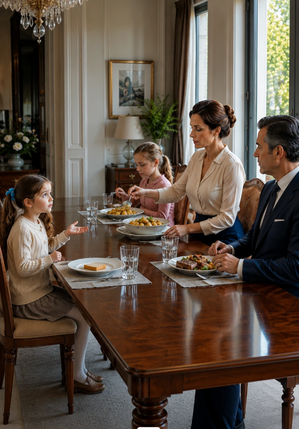 the little girl had only bread while her stepsister ate steak.