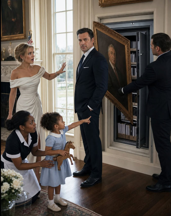 “Check behind the painting, sir,” the maid’s toddler whispered during billionaire Julian Marsh’s engagement dinner—his fiancée laughed too quickly, so he calmly asked security to move his late father’s portrait, unaware that the work order behind the wall carried a name Clare Ashford had never expected him to see