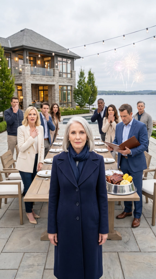 At my July 4th cookout, my son’s wife scraped my dinner into the dog’s bowl and sneered, “The hired help eats last—go wait by the dock.” I calmly buttoned my coat, looked her in the eye, and replied, “Now they’re about to learn who really owns this land.” Before the night was over, the color had completely drained from her face.
