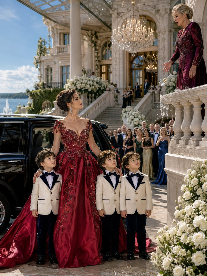 The moment my three five-year-old sons stepped out of the black SUV beside me, my ex-husband’s mother dropped her champagne glass from the balcony above us.