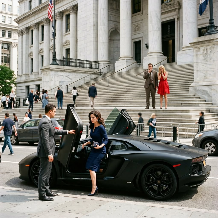 "He Dumped His “Poor Waitress” Wife at the Divorce, Laughing That She Had Nothing—Until Three Lamborghinis Pulled Up Outside Court...