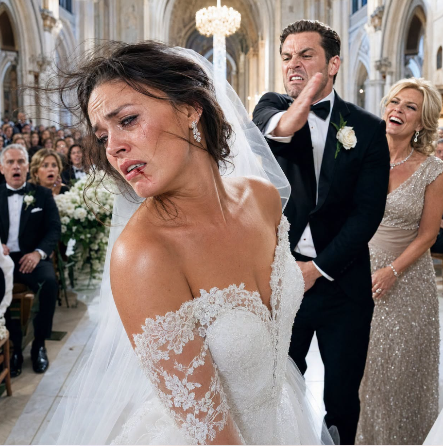 My groom slapped me in front of four hundred guests because I refused to repeat the vows he had written. His mother laughed and said, “Now she’ll learn obedience.” I wiped the blood from my split lip, removed my ring, and handed the microphone to the woman in the front row. “Detective,” I said calmly, “you may play the recording now.” The groom’s smile vanished when his voice filled the cathedral.