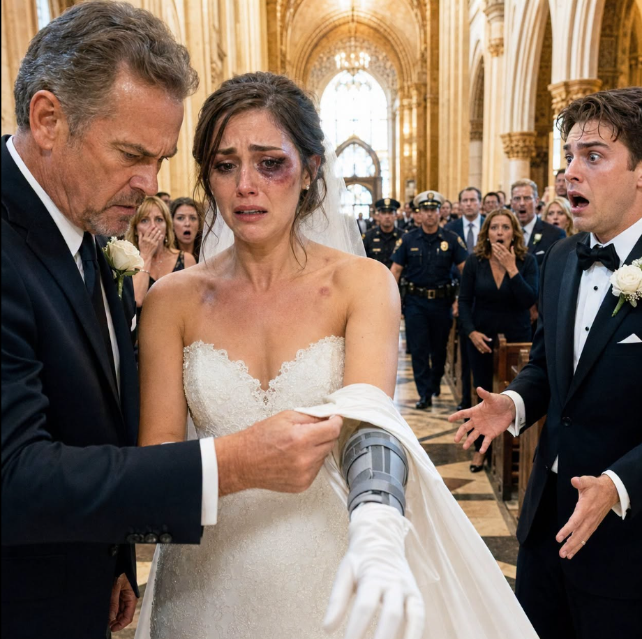 My daughter arrived at the altar wearing long gloves in July. When she reached for my hand, I felt the hard edge of a medical brace beneath the fabric. Her fiancé leaned close and warned, “Say nothing.” I looked at the bruise near her collar and replied, “You should have warned your father.” Then six military officers stood from the back row.