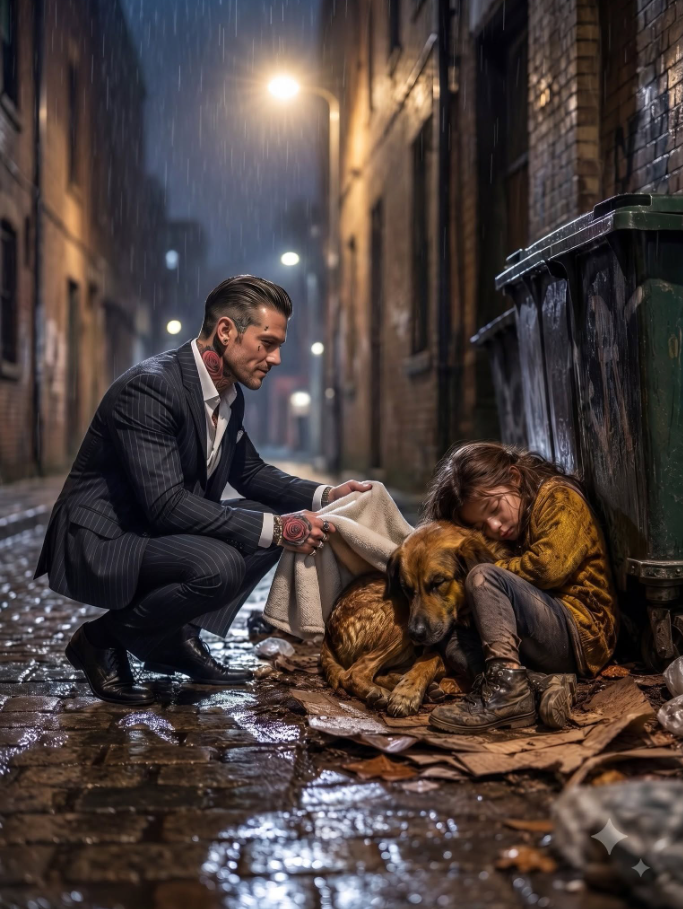 a.A ruthless mafia boss stopped in his tracks when a starving dog refused to let him get near a little girl sleeping on a pile of trash. Seconds later, the child whispered that her dying father had sent her to find the one man the entire city feared—and what she pulled from beneath her sweater changed that feared criminal's life forever.
