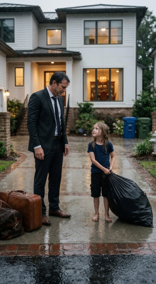 A Father Returned Home After Two Months Away and Found His 8-Year-Old Daughter Barefoot in the Rain Carrying Trash Outside — Until One Quiet Sentence Exposed What Had Been Happening Inside His Own Home