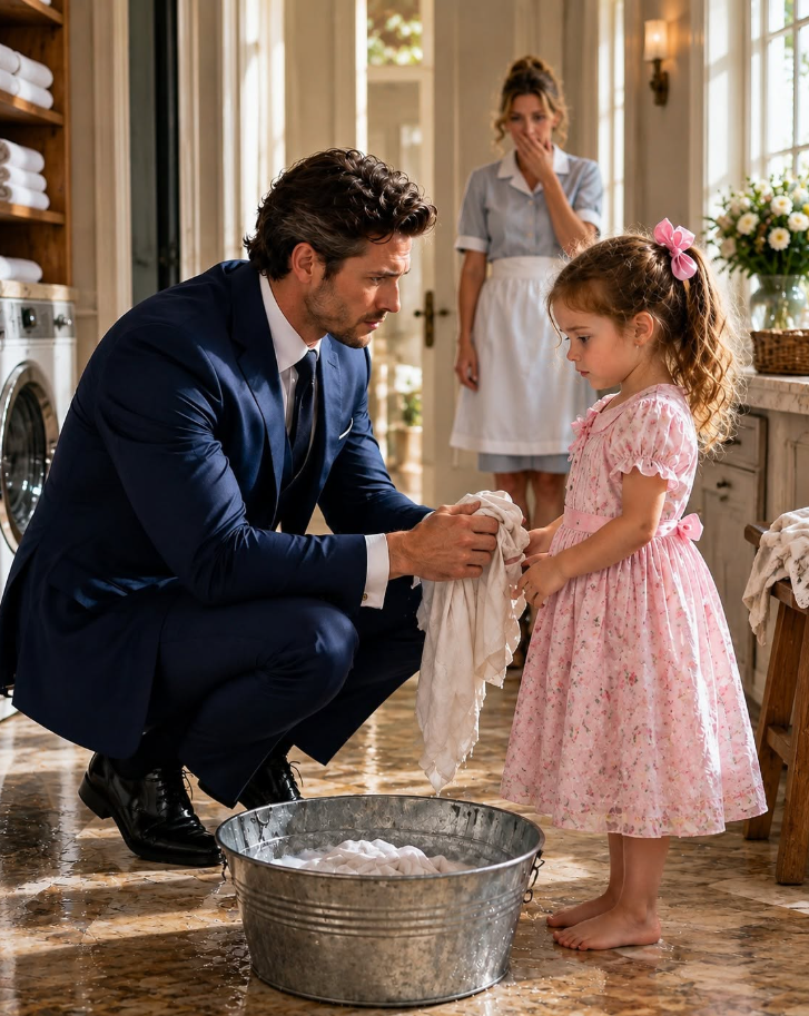 I came home early and found my housekeeper’s three-year-old daughter standing barefoot on a stool, scrubbing one of my custom-made shirts in freezing water. Her tiny hands were red and swollen, but she refused to stop because she believed her sick mother would lose her job if the stain remained. Everyone in my house feared my temper—but when that little girl looked at me and whispered, “If Mama loses this job, we won’t have a home,” I was suddenly eight years old again.