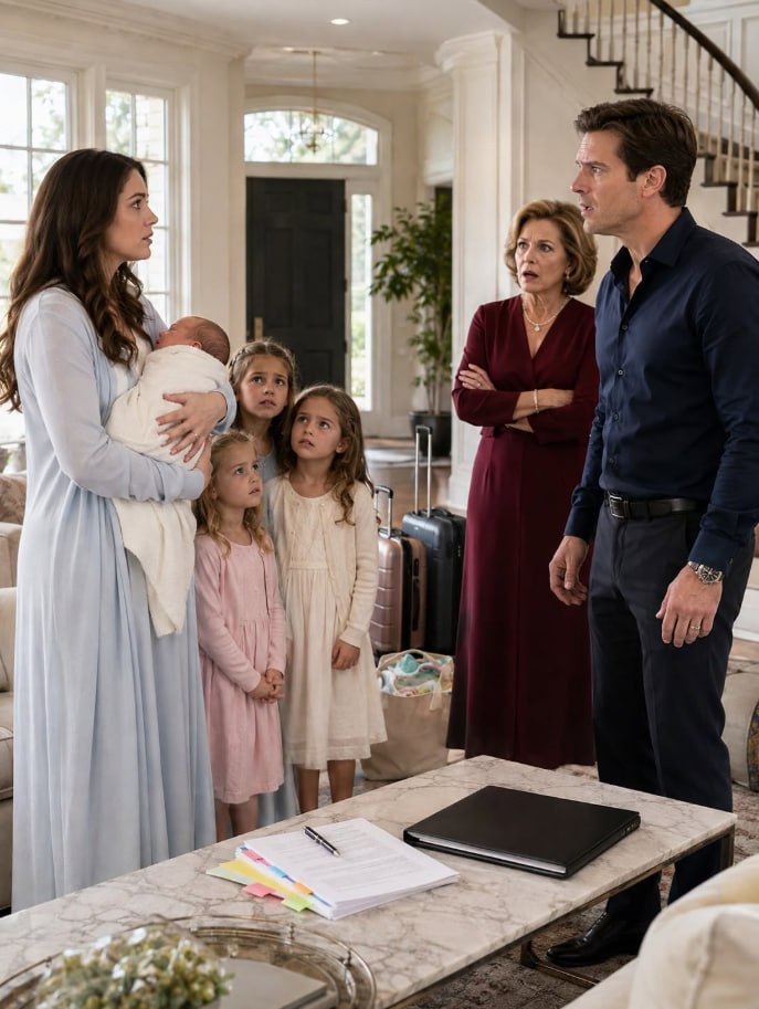 The silence in the grand foyer was so absolute that the faint, rhythmic breathing of four-day-old Elise against my chest sounded like a tidal wave.