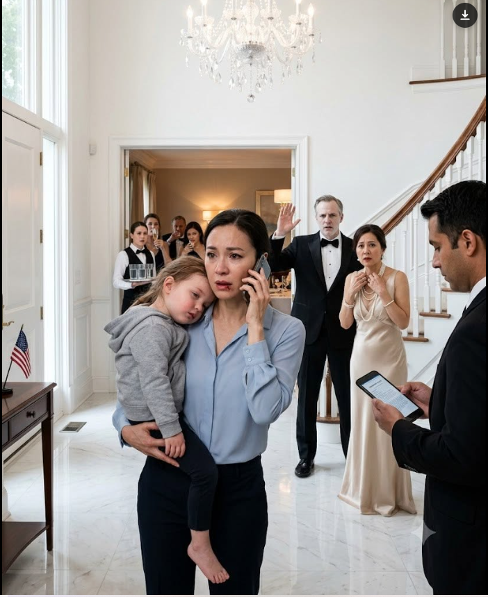When my daughter’s fever spiked to 104°F, my mother-in-law forced me to stay and cook for visiting relatives. “Give her medicine and stop embarrassing this family!” she yelled. When I pushed back, my husband sl@pped me so hard I tasted blood. “How dare you talk back to my mother while living under our roof?” Our roof? I nearly laughed. They had no idea the mansion—and the $10,000 monthly allowance they survived on—were both in my name. I picked up my daughter, walked out, and made one phone call that changed everything.