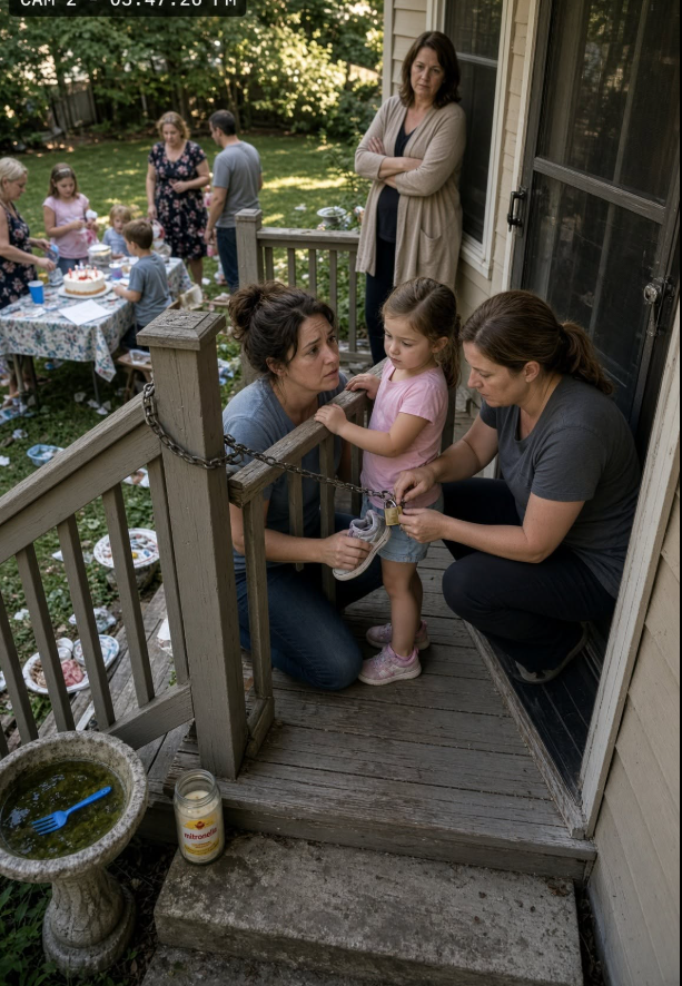 My five-year-old daughter was chained to the porch rail while her grandmother, Marguerite, celebrated her own birthday behind the glass door and called her "a cheater's child" loud enough for the whole yard to hear.