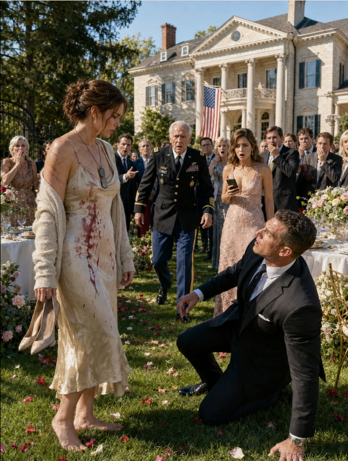 At my sister’s Virginia engagement party, her fiancé threw wine across my dress and told me women belonged in the kitchen while my own family laughed. I quietly slipped off my heels and stepped onto the grass—unaware that the retired Army surgeon near the catering tent had just recognized the scorched identification tags beneath my torn collar.