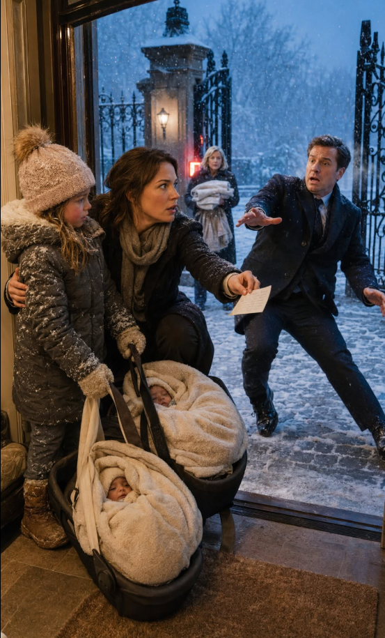 A five-year-old girl carried both her baby cousins through a blizzard to our estate's gatehouse, and when my millionaire husband walked out to see what set off the alarm, he stumbled back into the snow — the babies had his family's cleft chin, and a note pinned to one blanket read his mistress's name and a due date from fourteen months ago.
