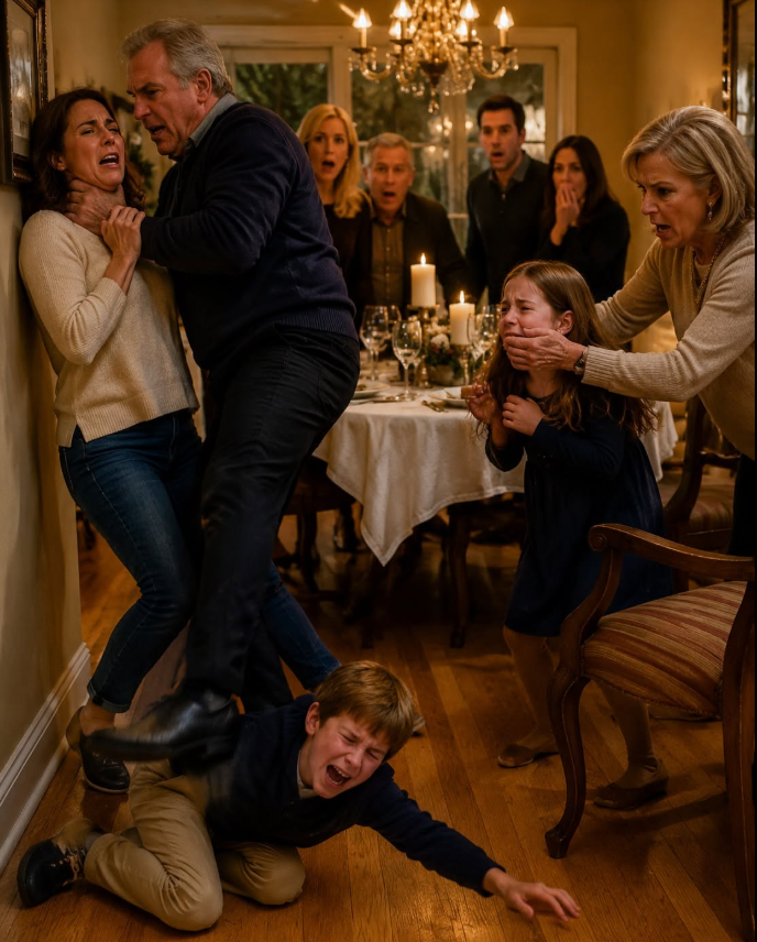 My parents turned Thanksgiving into a public attack because I refused to cover my sister Natalie’s $5,000 luxury rent. My father grabbed me by the throat, kicked my eight-year-old son when he tried to save me, my mother slapped my daughter, and the same relatives who called us ‘family’ sat there laughing while my children learned exactly how cruel blood can be.