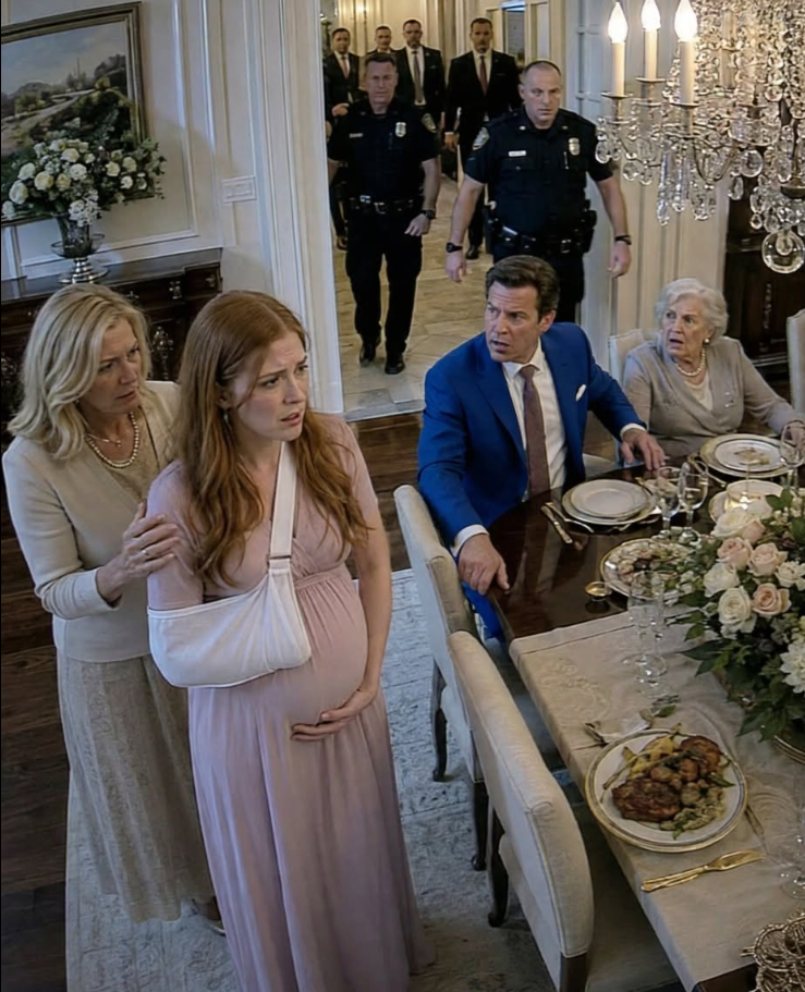I Arrived at My Daughter's Home for Sunday Dinner and Found Her Setting the Table with One Arm Locked in a Sling. Her Mother-in-Law Smirked, "My Son Finally Taught Her How a Proper Wife Behaves." Then Her Husband Added, "She Knows Better Than to Disobey Me Now." I Didn't Raise My Voice. I Simply Sat Beside My Daughter... and Made One Quiet Phone Call. Thirty Minutes Later, the Doorbell Rang—and the Man Who Answered Turned White When He Saw Who Was Standing Outside.