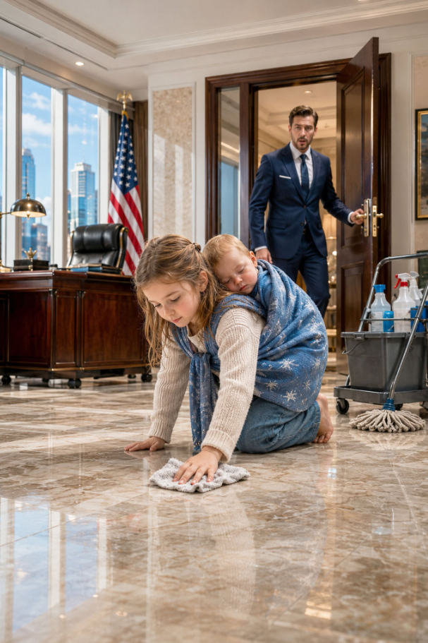 a.A 6-Year-Old Girl Cleaned the Billionaire CEO’s Office With Her Baby Sister Strapped to Her Back—But When He Learned Why She Was Terrified to Stop, He Uncovered the Cruel Contract Bearing His Own Signature...
