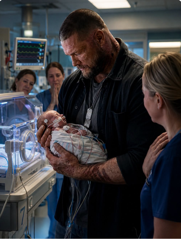 A towering 6-foot-4 combat veteran with burn scars and permanently trembling hands quietly walked into our NICU. At first glance, he seemed completely out of place. Then the abandoned premature baby in bed seven—born exposed to drugs and left to fight alone—began crying uncontrollably.