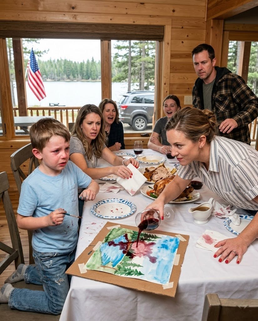 My sister dumped wine across my six-year-old son’s birthday painting while everyone around us laughed. Mom hurried to rescue the table, not him. I said nothing—until my dad rose from his chair, slipped off his wedding ring, and let it fall into the red puddle. Then he opened a leather notebook he’d kept hidden for years… and ten minutes later....