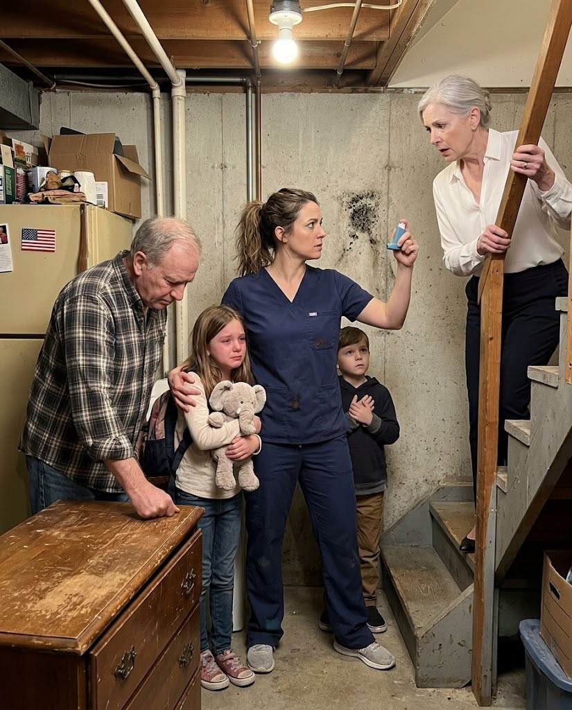 After my twelve-hour ER shift, I reached my parents' porch. My children were crying while my father dragged their dresser toward the basement. When my mother said, "They can leave their rooms and sleep with the boxes; your brother Marcus's twins need real rooms," I lifted Noah's inhaler beside the mold, and she went pale.