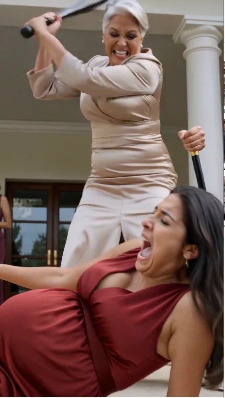 Swinging a baseball bat with ruthless fury, the older woman struck down the pregnant lady by the pool