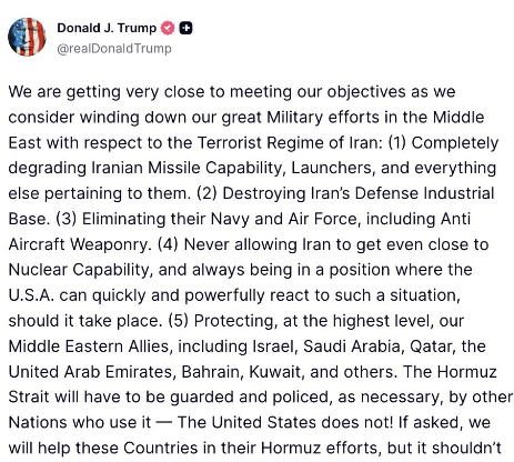 In Truth Social Post Trump Says U.S. ‘Near Endgame’ in Iran, U.S. Nears Key Military Goals