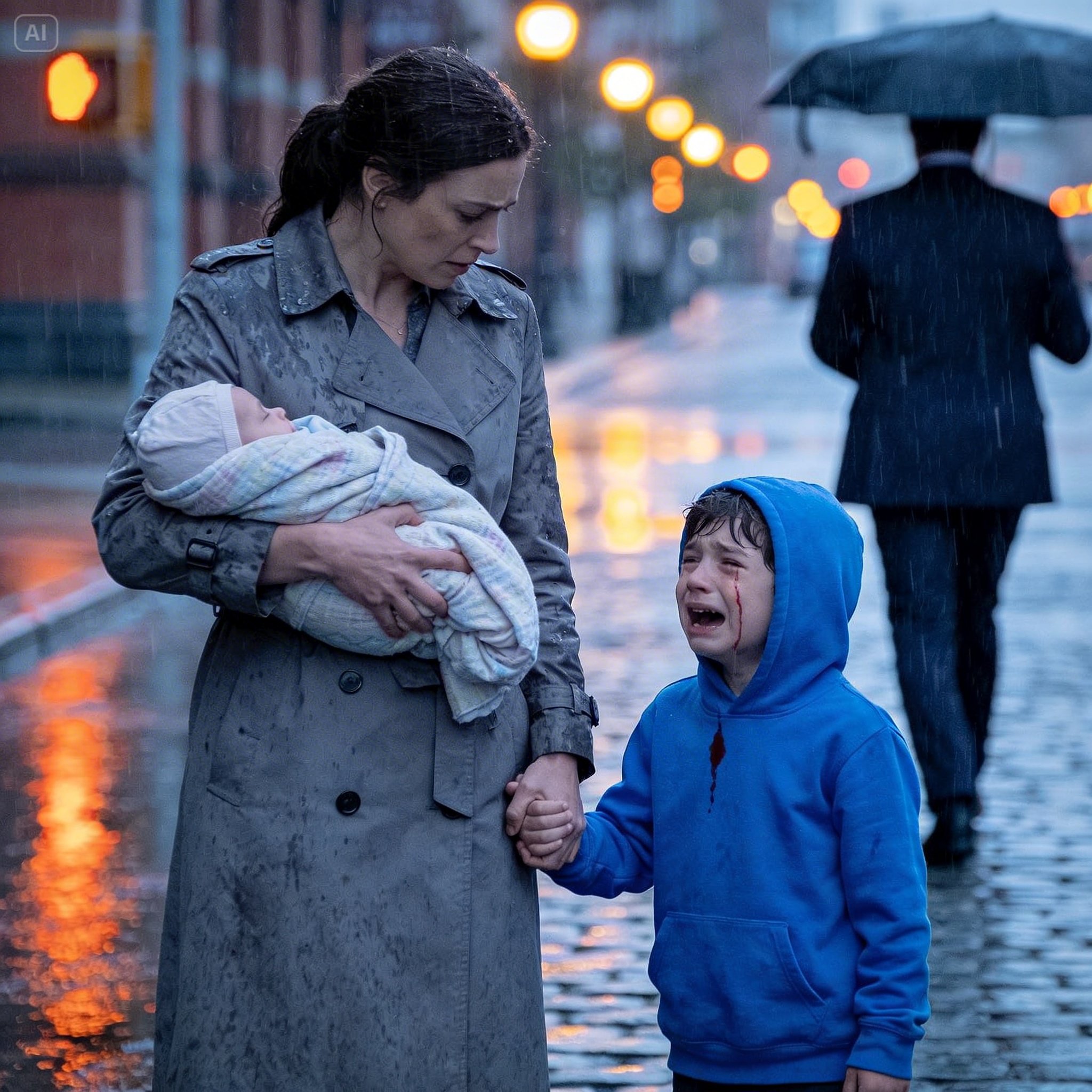 A humble mother helps a crying child while carrying her own son, unaware that his millionaire father was watching