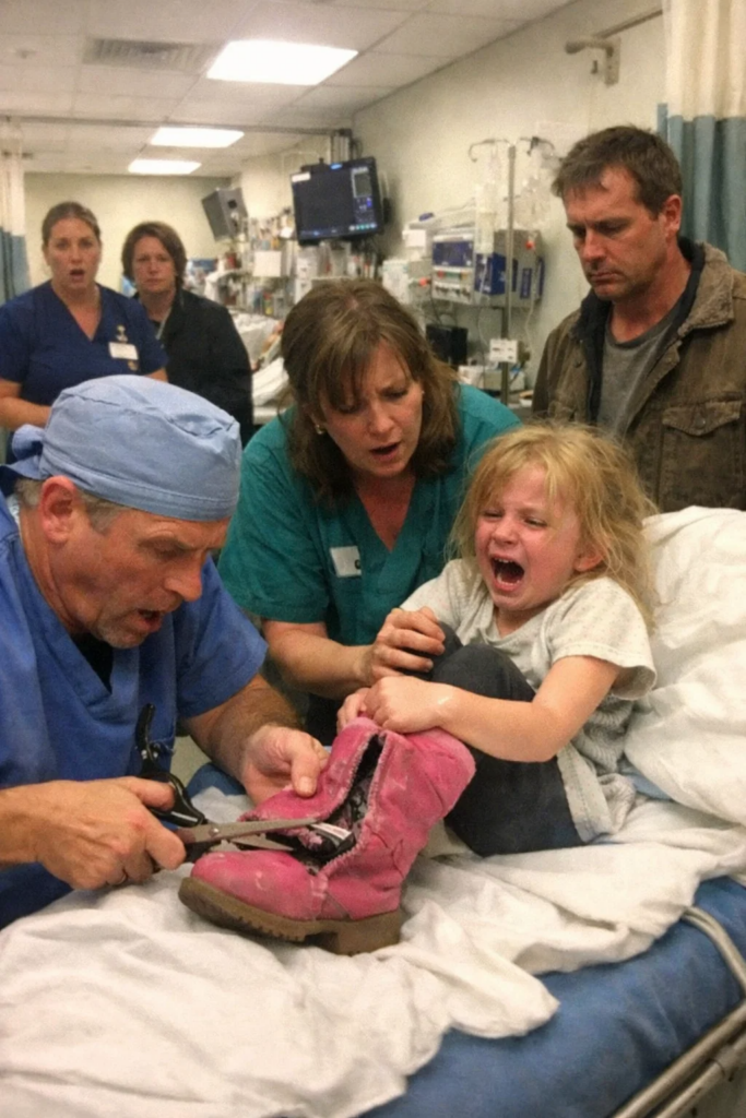 A 7-Year-Old Girl Screamed When Nurses Tried to Remove Her Boots in the ER — “Don’t Take Them Off, He Said the Bad Will Come Out,” She Begged, But When the Surgeon Cut Them Open, the Entire Room Froze in Horror