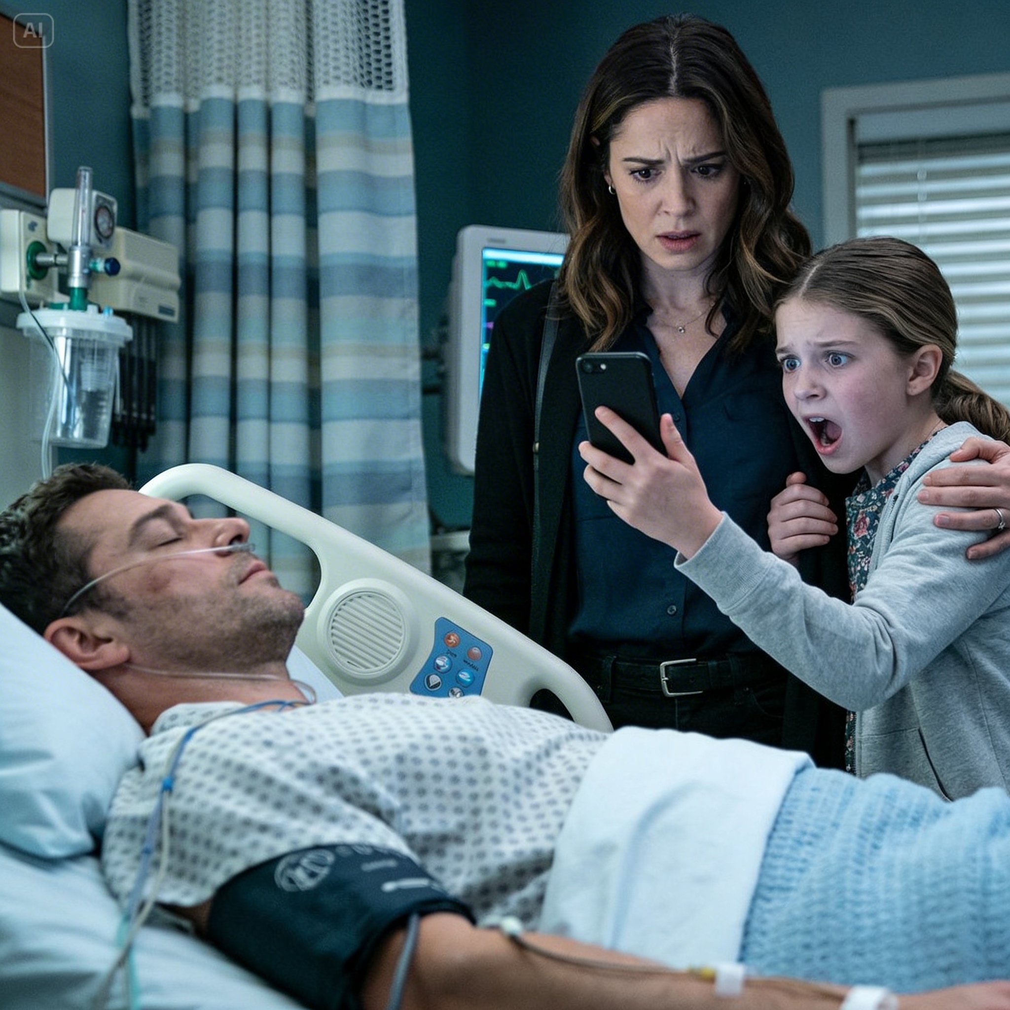 My husband had been in a coma ever since the car accident. One day, I went to visit him with my daughter. Suddenly, she clutched my arm and whispered, “Mom… Dad is awake. He’s pretending.” I stared at her in confusion. “That’s impossible,” I said. Without another word, she placed her phone in my hand. The second I looked at the screen, my blood ran cold. I grabbed her hand and walked out of the hospital immediately