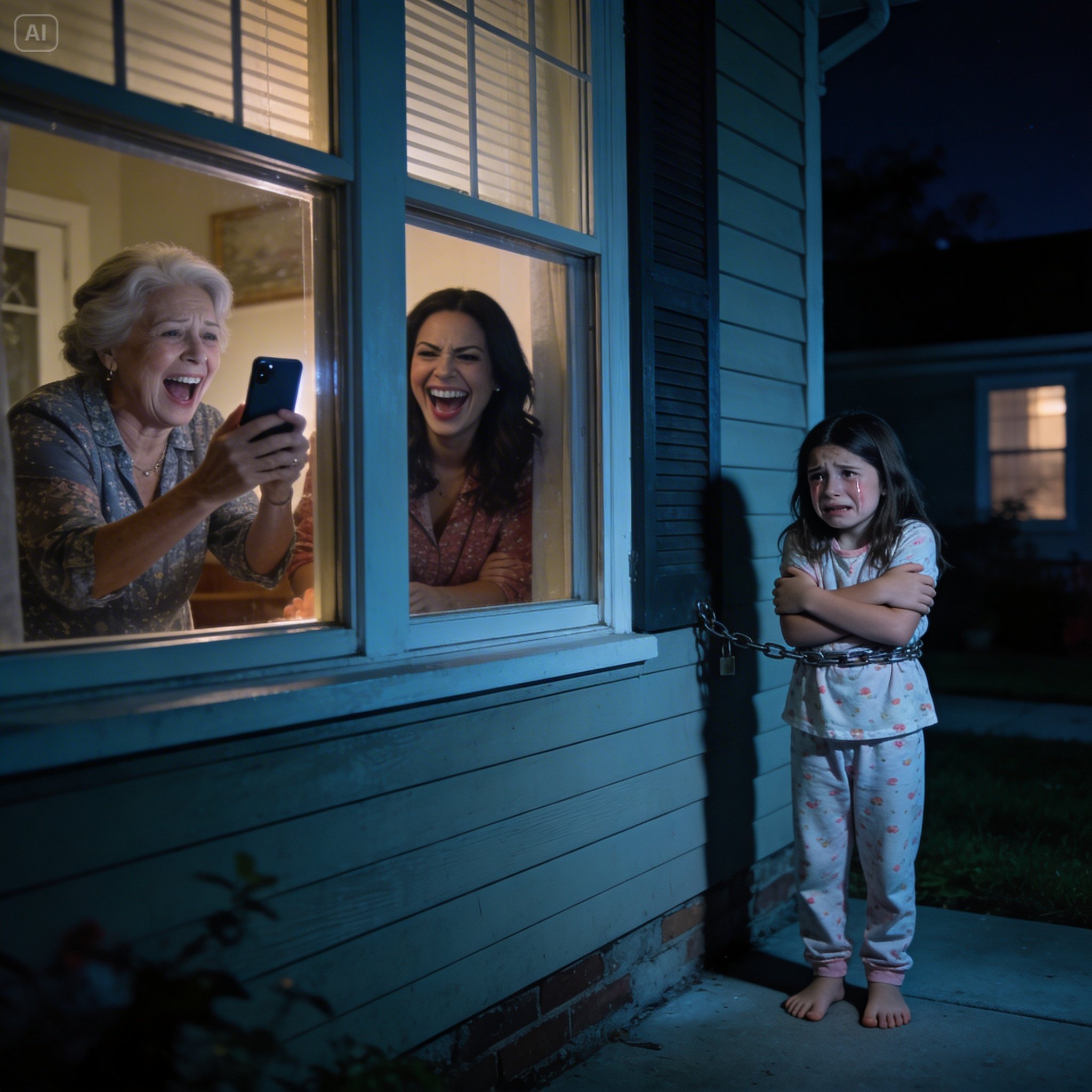 While I was away on a business trip, a friend suddenly sent me a link and said, “Look at what your mother posted.” The second I opened it, my blood ran cold—it was a photo of my daughter locked outside alone at night. My sister had even captioned it, “Training time, lol.” I called my mother immediately, furious and shaking. But all she did was laugh and say, “Relax. It’s just a little punishment.”