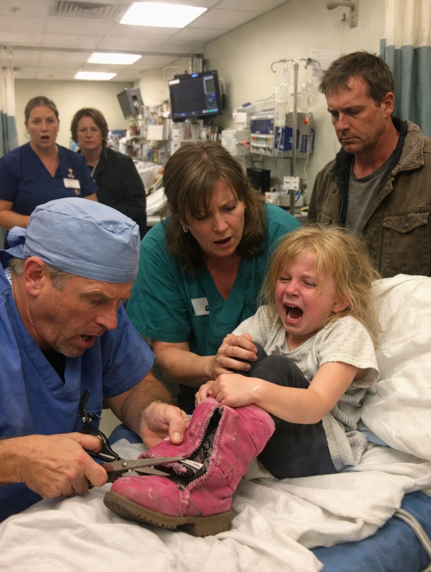 New1 A 7-Year-Old Girl Screamed When Nurses Tried to Remove Her Boots in the ER — “Don’t Take Them Off, He Said the Bad Will Come Out,” She Begged, But When the Surgeon Cut Them Open, the Entire Room Froze in Horror