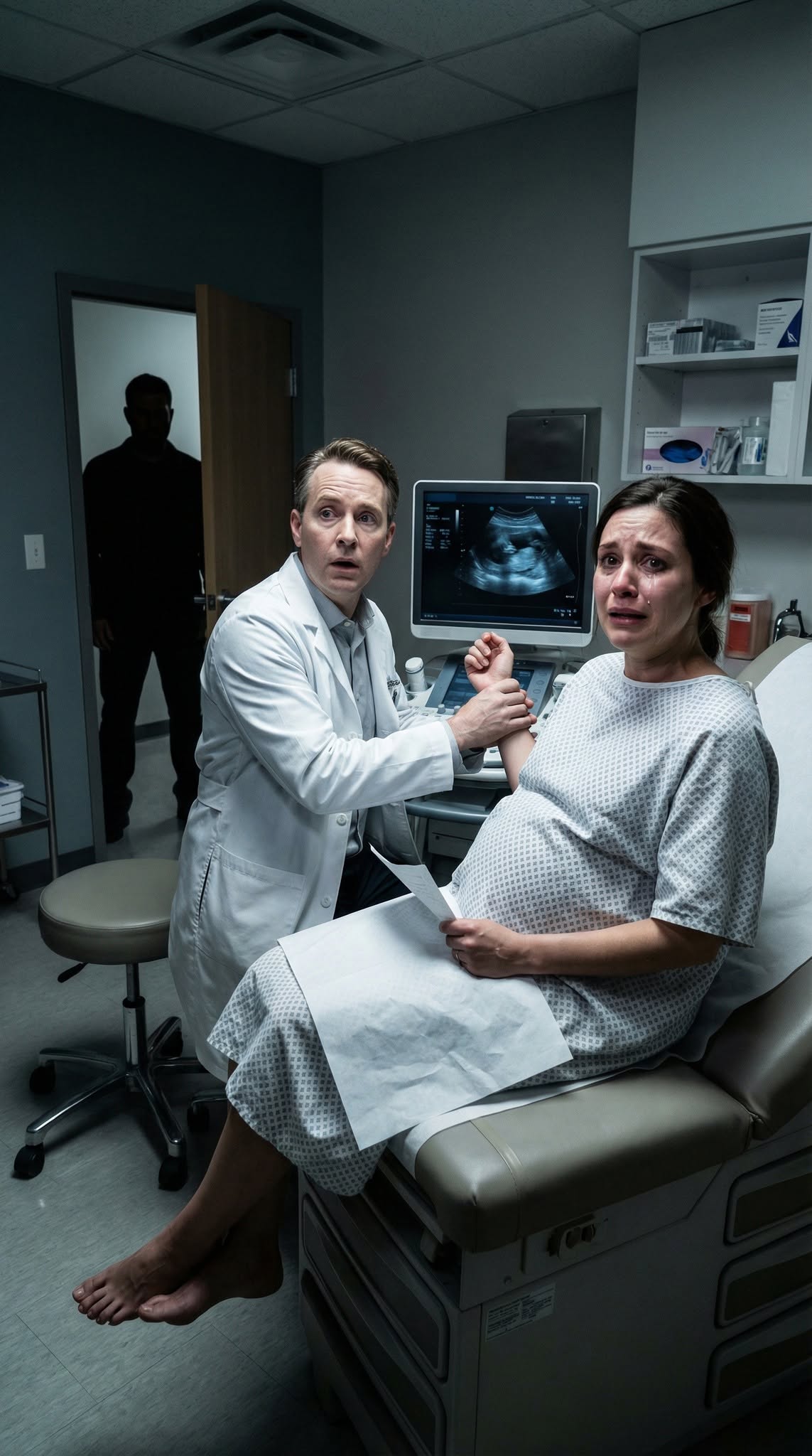 I lay back on the exam table, trying to laugh off my nerves—until the doctor went pale. He stared at the ultrasound screen, then grabbed my wrist. “Listen to me,” he whispered, voice shaking. “You need to divorce him