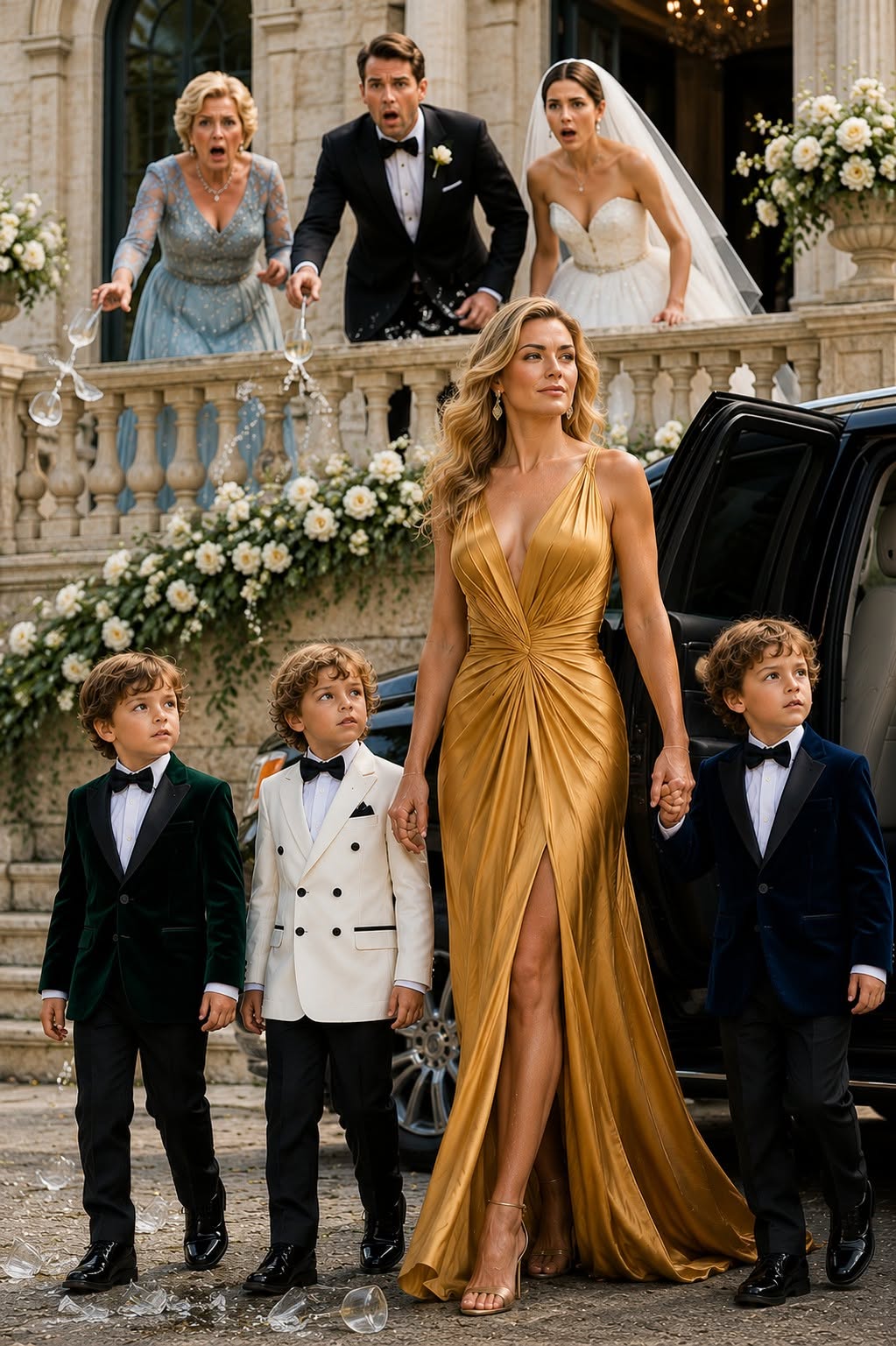 The Groom’s Wealthy Family Invited His Ex-Wife to Watch Him Marry Someone Else — Expecting Her to Arrive Alone and Heartbroken, Until Three Little Boys Brought the Entire Wedding to Silence