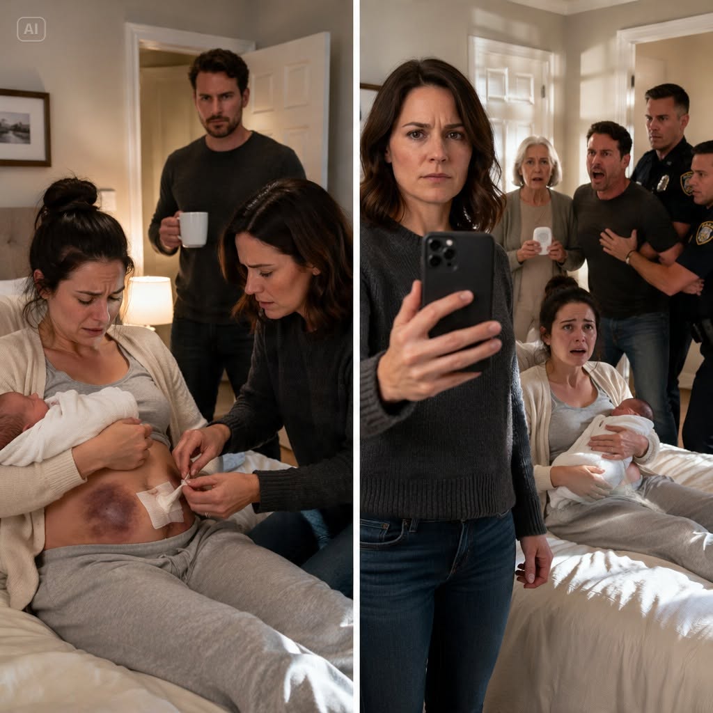 Please watch the C-section stitches," my sister whispered while I helped her replace the postpartum dressing, but the moment I peeled back the gauze, I saw a massive boot-shaped bruise spread over her fresh, bleeding wound