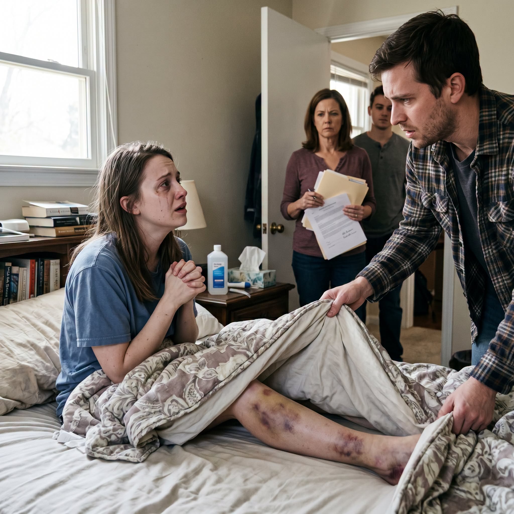 My husband pulled back the blanket, convinced I was pretending, but the moment he saw my bruised legs and heard me beg him not to let them take my baby, his face changed. Outside the room, his mother and cousin waited with a signed stack of documents, certain they had already won